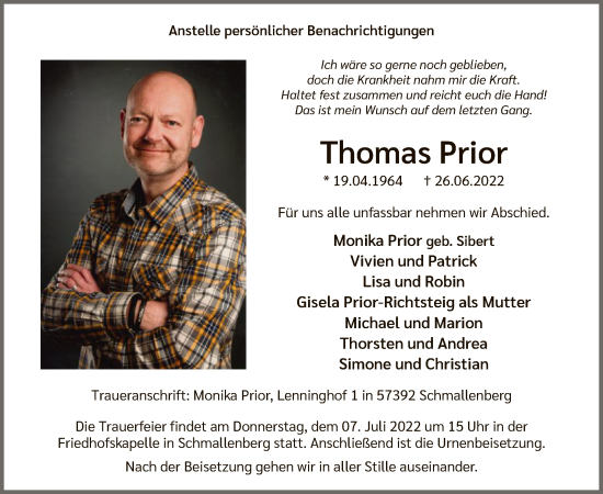 Todesanzeige von Thomas Prior von WA