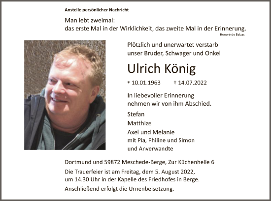 Todesanzeige von Ulrich König von WA