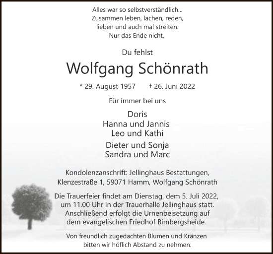 Todesanzeige von Wolfgang Schönrath von WA