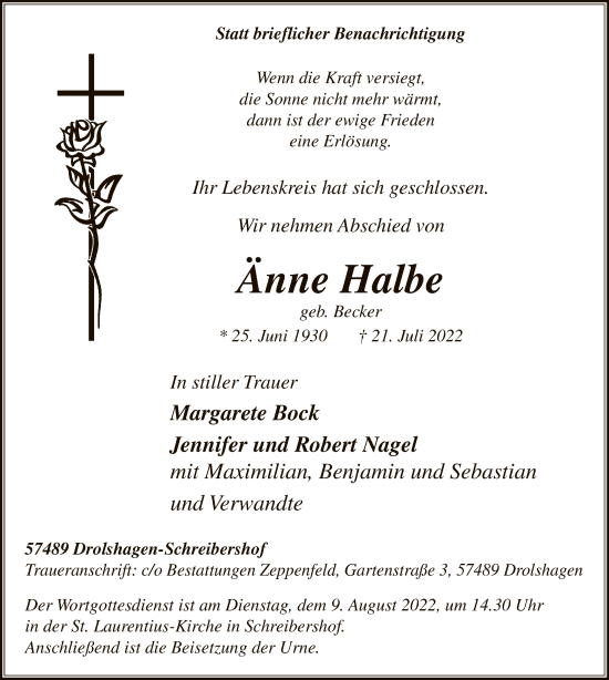 Todesanzeige von Änne Halbe von WA