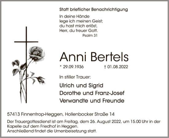 Todesanzeige von Anni Bertels von WA