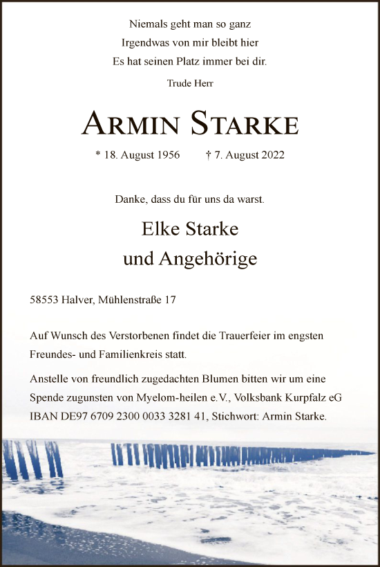Todesanzeige von Armin Strake von WA