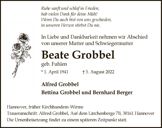 Todesanzeige von Beate Grobbel von WA