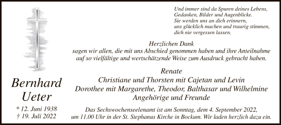 Todesanzeige von Bernhard Ueter von WA
