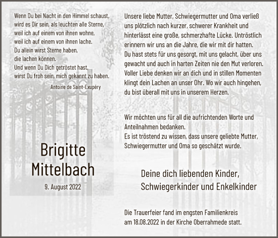 Todesanzeige von Brigitte Mittelbach von WA
