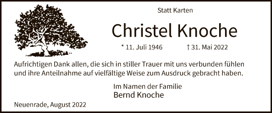 Todesanzeige von Christel Knoche von WA