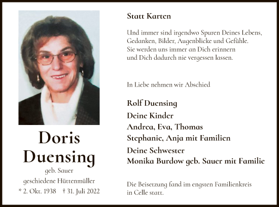 Todesanzeige von Doris Duensing von WA