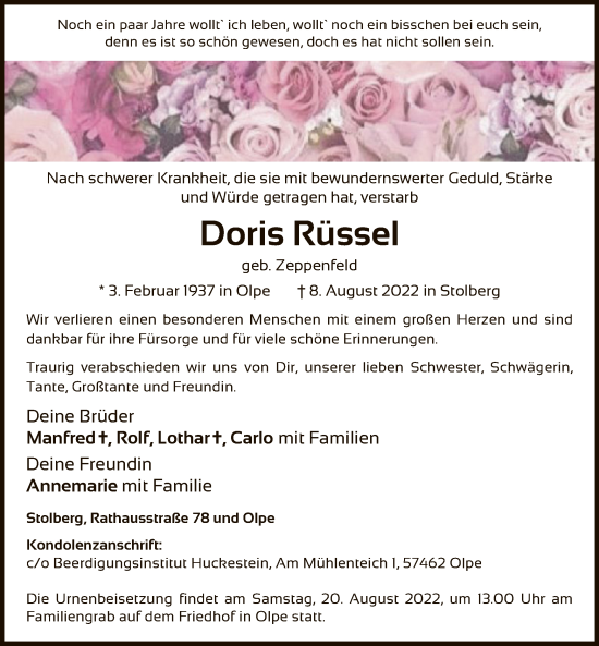 Todesanzeige von Doris Rüssel von WA
