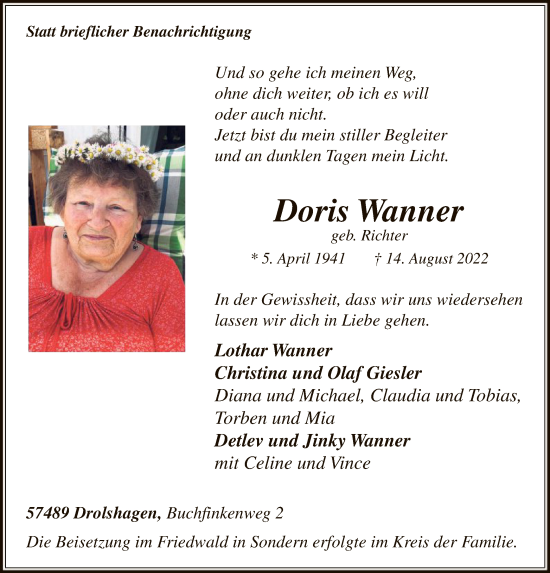 Todesanzeige von Doris Wanner von WA