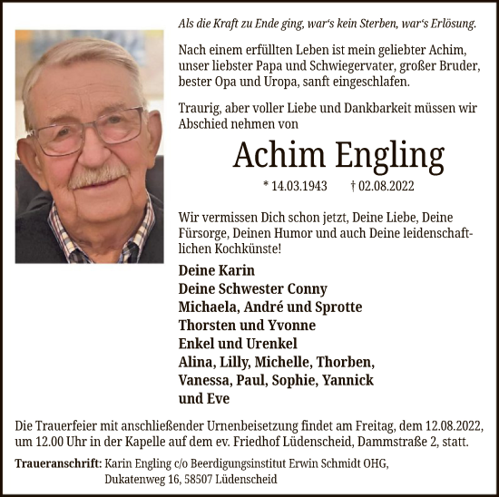 Todesanzeige von Engling Achim von WA