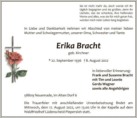 Todesanzeige von Erika Bracht von WA