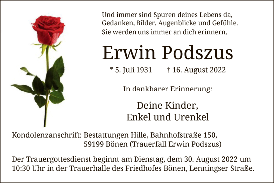 Todesanzeige von Erwin Podszus von WA