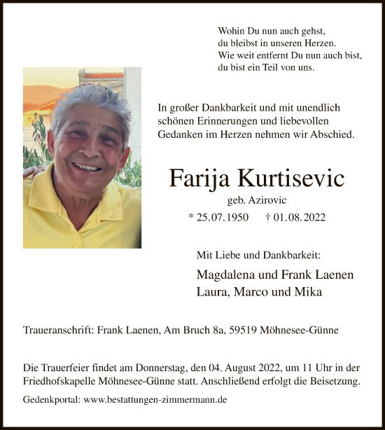 Todesanzeige von Farija Kurtisevic von WA