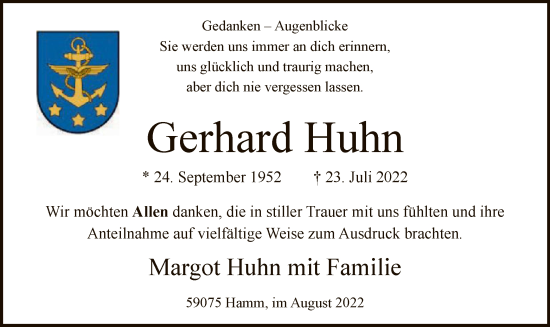 Todesanzeige von Gerhard Huhn von WA