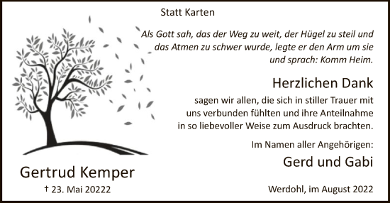 Todesanzeige von Gertrud Kemper von WA