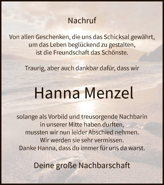 Todesanzeige von Hanna Menzel von WA