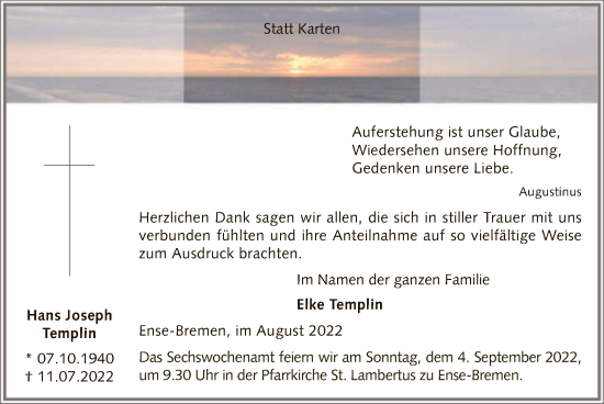 Todesanzeige von Hans Joseph Templin von WA
