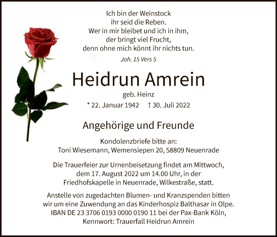 Todesanzeige von Heidrun Amrein von WA