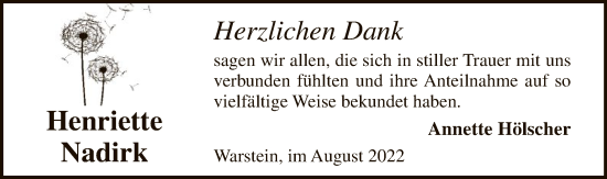 Todesanzeige von Henriette Nadirk von WA