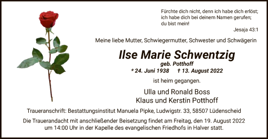 Todesanzeige von Ilse Marie Schwentzig von WA