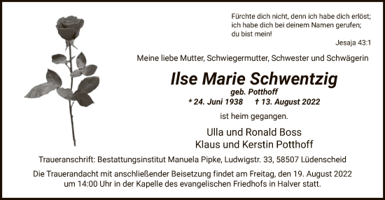 Todesanzeige von Ilse Marie Schwentzig von WA