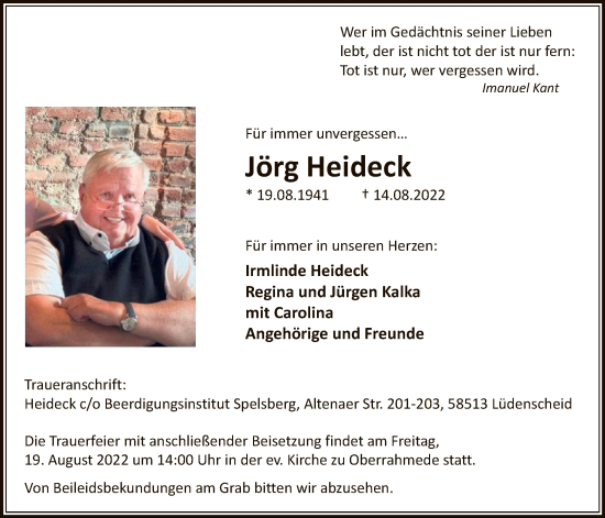 Todesanzeige von Jörg Heideck von WA