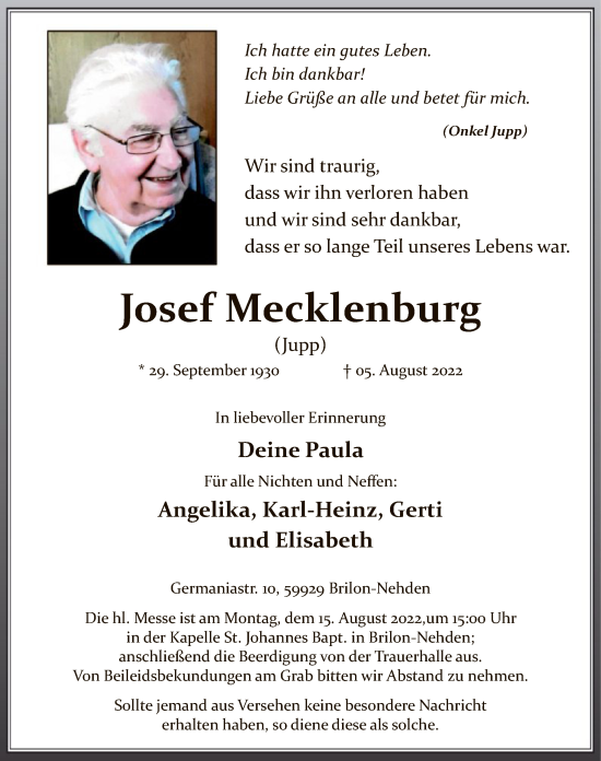 Todesanzeige von Josef Mecklenburg von WA