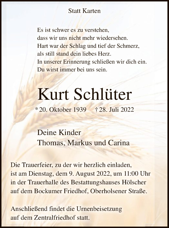 Todesanzeige von Kurt Schlüter von WA