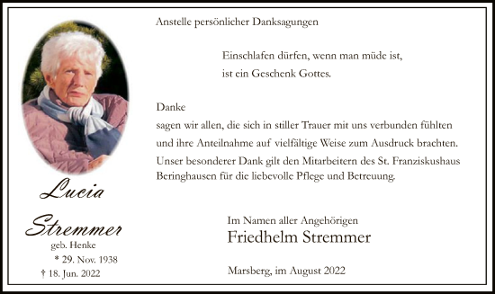 Todesanzeige von Lucia Stremmer von WA