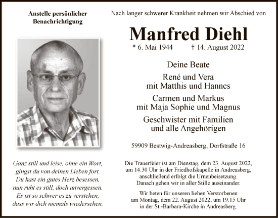 Todesanzeige von Manfred Diehl von WA