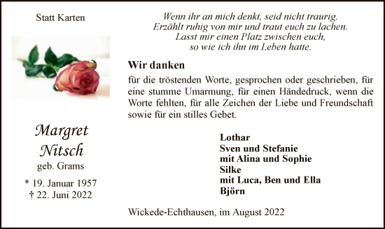 Todesanzeige von Margret Nitsch von WA