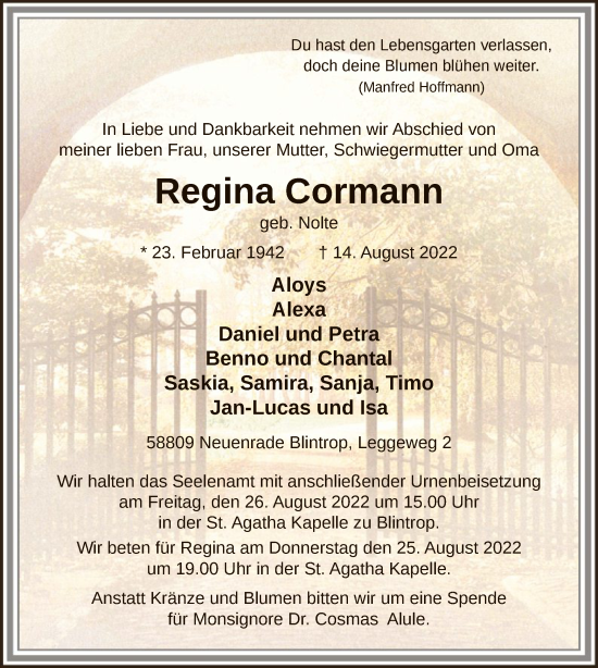 Todesanzeige von Regina Cormann von WA