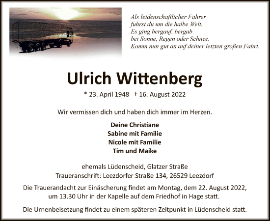 Todesanzeige von Ulrich Wittenberg von WA