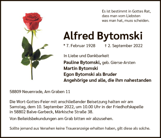 Todesanzeige von Alfred Bytomski von WA