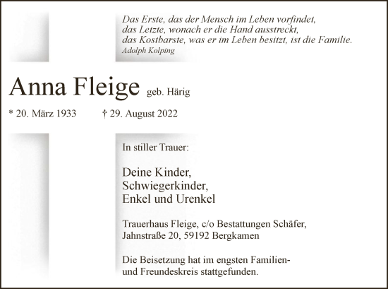 Todesanzeige von Anna Fleige von WA