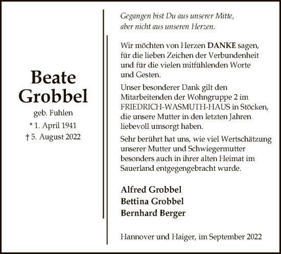 Todesanzeige von Beate Grobbel von WA