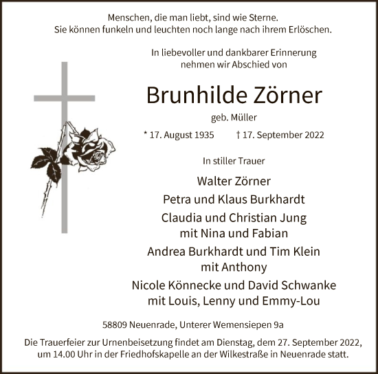 Todesanzeige von Brunhilde Zörner von WA