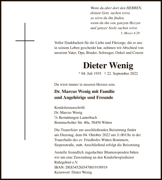 Todesanzeige von Dieter Wenig von WA