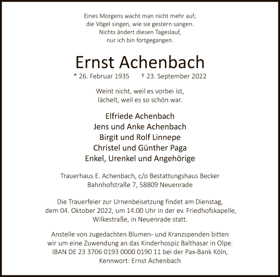 Todesanzeige von Ernst Achenbach von WA