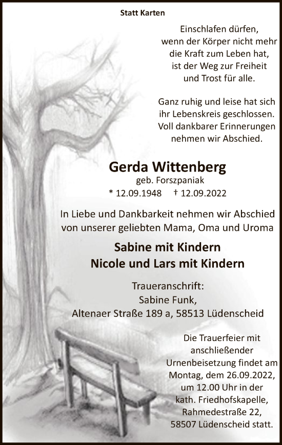 Todesanzeige von Gerda Wittenberg von WA