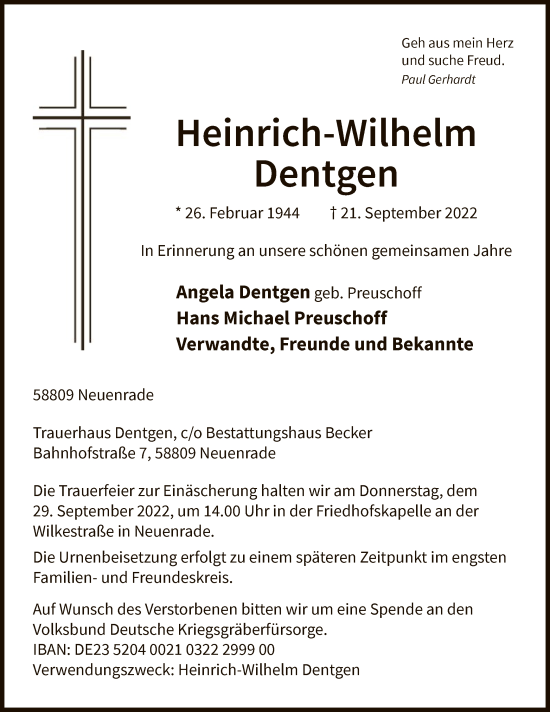 Todesanzeige von Heinrich-Wilhelm Dentgen von WA