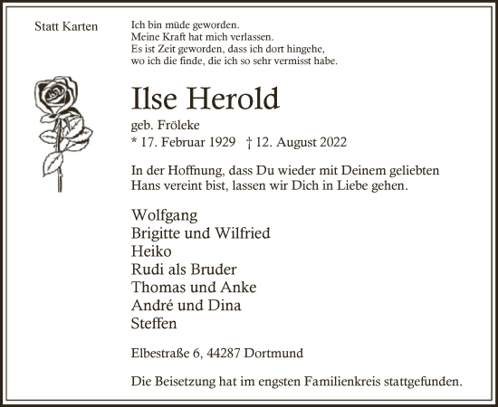 Todesanzeige von Ilse Herold von WA