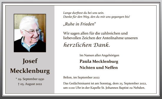 Todesanzeige von Josef Mecklenburg von WA