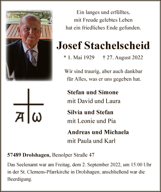 Todesanzeige von Josef Stachelscheid von WA