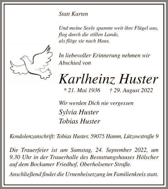 Todesanzeige von Karlheinz Huster von WA