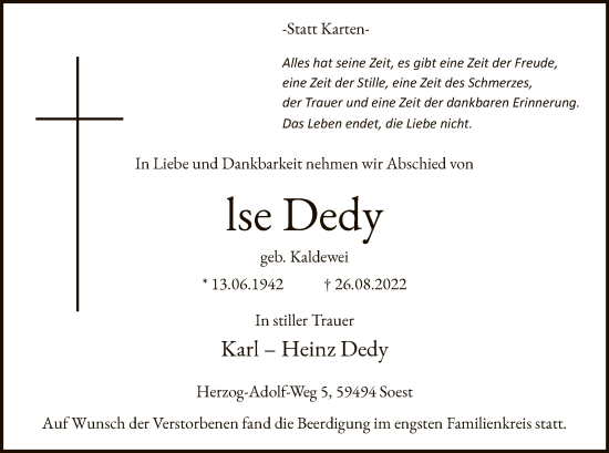 Todesanzeige von lse und Karl-Heinz Dedy von WA