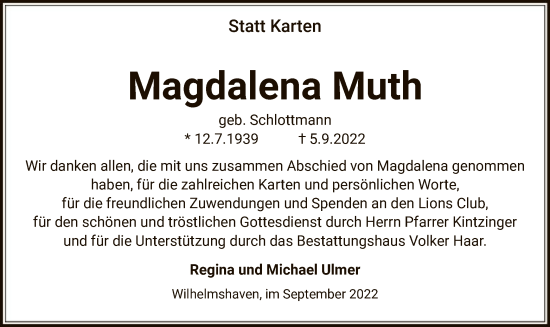 Todesanzeige von Magdalena Muth von WA