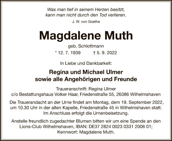 Todesanzeige von Magdalene Muth von WA