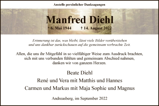 Todesanzeige von Manfred Diehl von WA