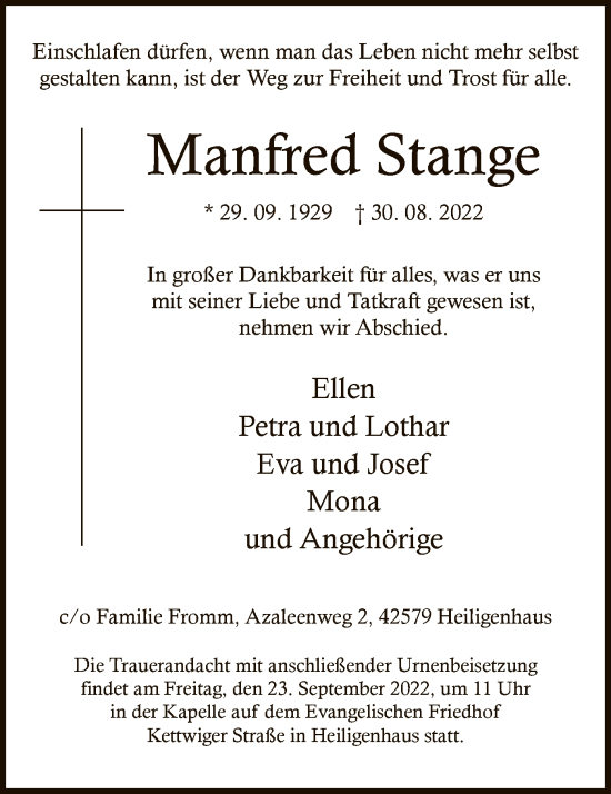 Todesanzeige von Manfred Stange von WA
